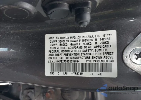 2012 Honda Civic Lx из США, поврежденный, VIN 19XFB2F59CE332694